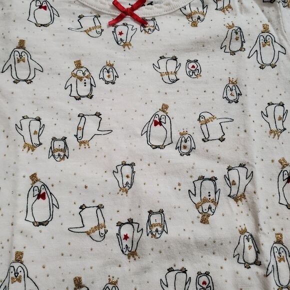 Girls Red Bow Friendly Royal Penguins Gold Glitter Holiday Bodysuit Size 24m - Picture 2 of 3